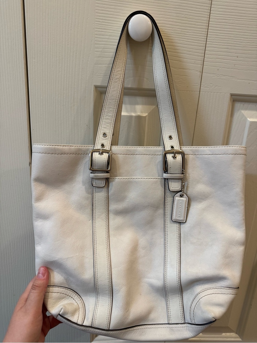 Coach Cream Leather Buckle-Detail Tote
